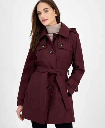 London Fog Women's Hooded Belted Zip-front Raincoat In Burgundy