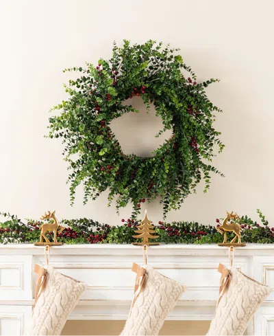 Glitzhome 28" Polyethylene Christmas Dripping Eucalyptus Wreath With Berries In Multi