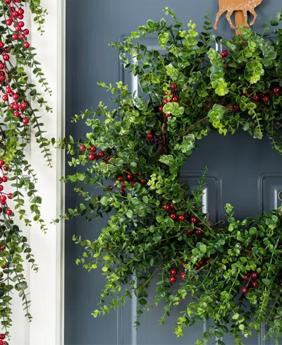 Glitzhome 28" Polyethylene Christmas Dripping Eucalyptus Wreath With Berries In Multi