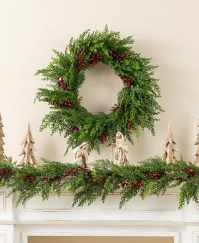 Glitzhome 24" Polyethylene Christmas Dripping Cedar Wreath With Berries In Multi