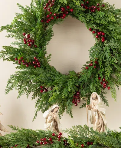 Glitzhome 24" Polyethylene Christmas Dripping Cedar Wreath With Berries In Multi