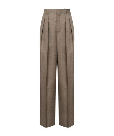 Saint Laurent Wool Herringbone Pattern Wide Leg Pants In Brown