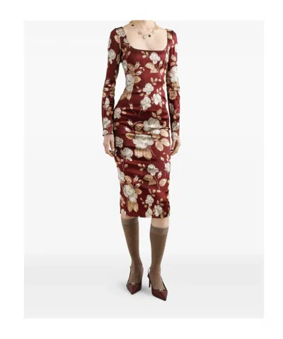 Dolce & Gabbana Dolce&gabbana Burgundy Satin Dress With Floral Print Women In Multi