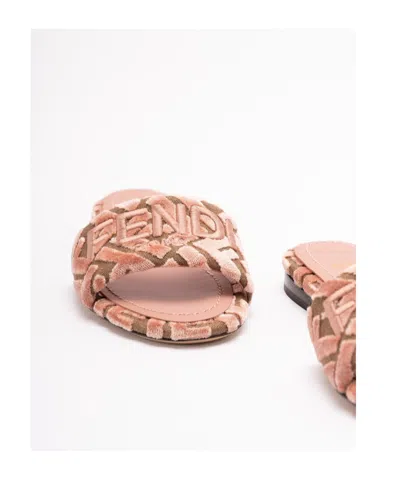 Fendi Velvet Slide Ff Open Toe Flat Sole In Multi