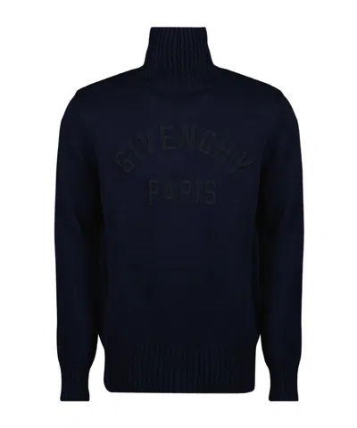 Givenchy Turtleneck Sweater In Cotton With Paris Embroidery Clothing In Blue