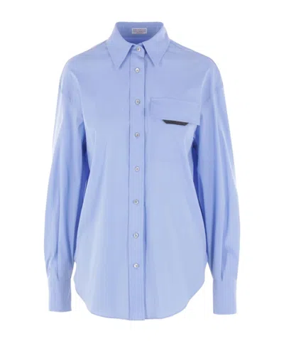 Brunello Cucinelli Bow Pocket Long Sleeve Shirt In Blue