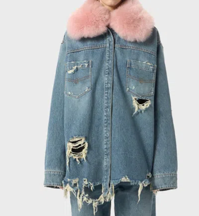 Blumarine Longline Jacket With Distressed Finish And Chest Pockets In Blue