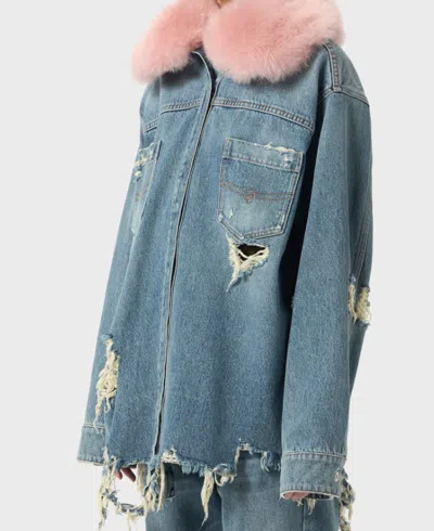 Blumarine Longline Jacket With Distressed Finish And Chest Pockets In Blue