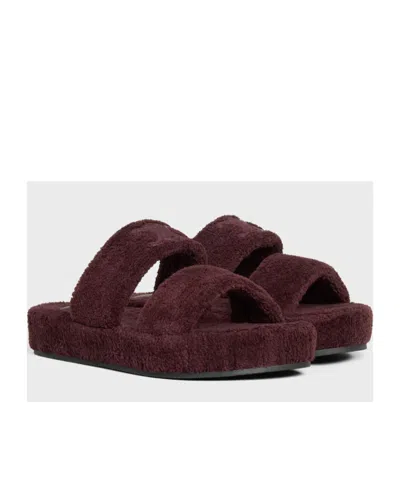 Celine Women Triomphe Fur Shearling Slides In Brown