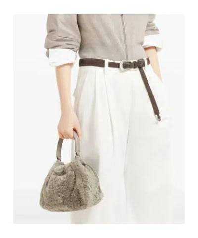 Brunello Cucinelli Shearling Mellow Small Bucket Bag In Brown