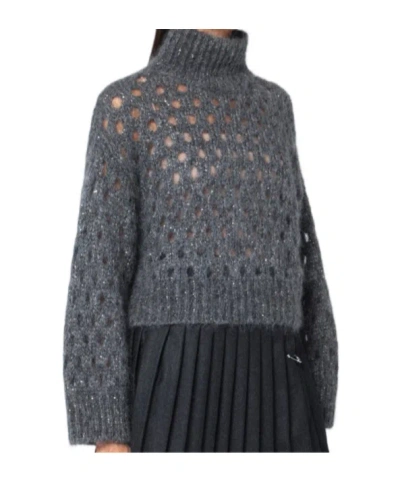 Brunello Cucinelli Grey Openwork Turtleneck Sweater In Gray