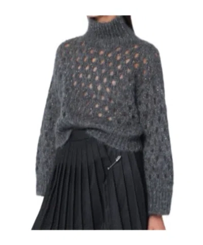 Brunello Cucinelli Grey Openwork Turtleneck Sweater In Gray