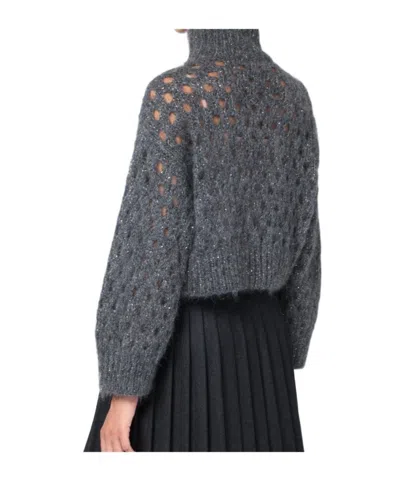 Brunello Cucinelli Grey Openwork Turtleneck Sweater In Gray