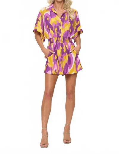 Adrienne Button Down Smocked Waist Romper In Purple In Multi