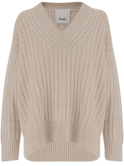 Allude V-neck Cashmere Sweater With Rib Knitting And Elasticized Edges In Gray