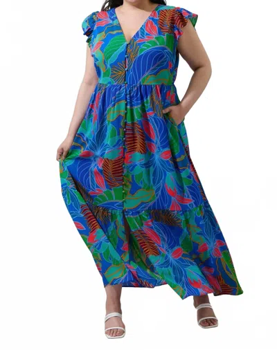 Sugarlips Malton Tropical Evianna Button Down Flutter Maxi Dress Curve In Cobalt Multi In Blue
