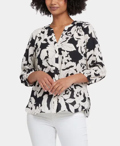 Nydj Women's Pintuck Split Round Neck Top In Black