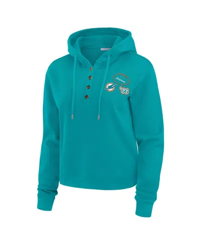 Wear By Erin Andrews Women's Aqua Miami Dolphins Waffle Hoodie Pullover Top In Blue