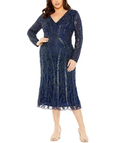 Mac Duggal 5938 Plus Size Long Sleeve Fitted Midi Dress In Blue