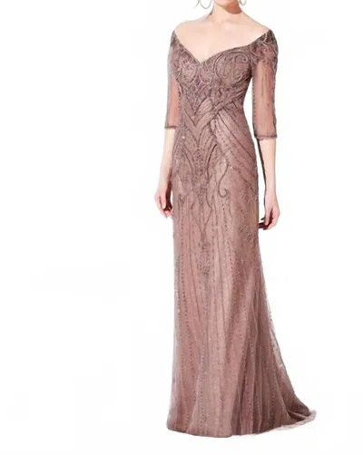 Ivonne D Off Shoulder Beaded Sheath Gown In Dark Mink In Multi