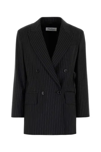 Max Mara Black Pinstriped Double-breasted Wool Jacket In Black