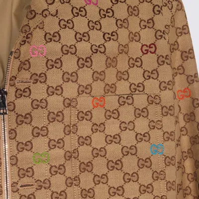 Gucci Beige Shirt With Spread Collar And Two Front Welt Pockets In Gg Canvas Man In Multi