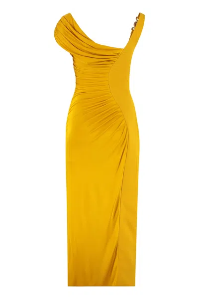 Versace Orange Sleeveless Long Dress With Medusa Plaque On The Front Draping In Yellow
