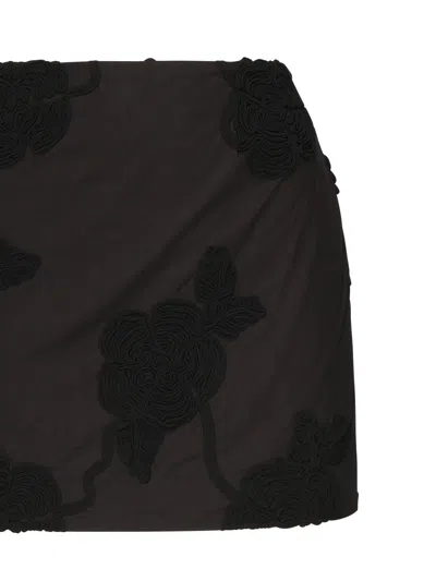 Rotate Birger Christensen Black Mini Skirt With 3d Floral Details Applied All-over In Cotton Woman In Multi