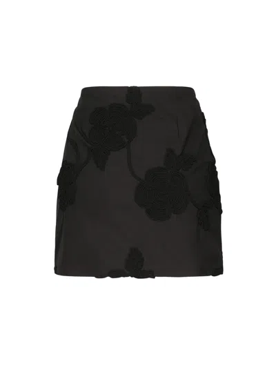 Rotate Birger Christensen Black Mini Skirt With 3d Floral Details Applied All-over In Cotton Woman In Multi