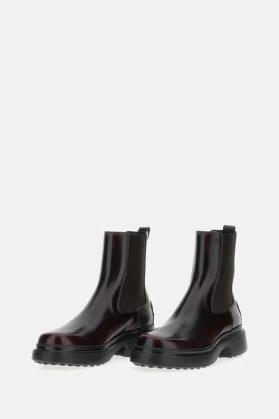 Tod's Burgundy Brown Ankle Boots With Elastic Sides In Brown