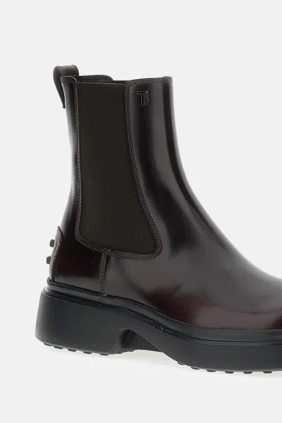 Tod's Burgundy Brown Ankle Boots With Elastic Sides In Brown