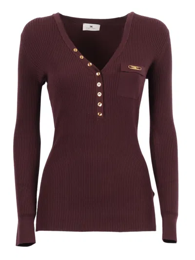 Elisabetta Franchi Fitted Ribbed Knit Top With Decorative Buttons And Gold Accent In Brown