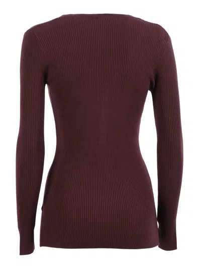 Elisabetta Franchi Fitted Ribbed Knit Top With Decorative Buttons And Gold Accent In Brown