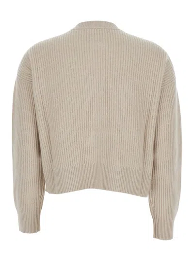 Brunello Cucinelli Women Beige Crew Neck Cardigan With Ribbed Design And Patch Pockets In Wool And C In Neutral