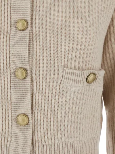 Brunello Cucinelli Women Beige Crew Neck Cardigan With Ribbed Design And Patch Pockets In Wool And C In Neutral