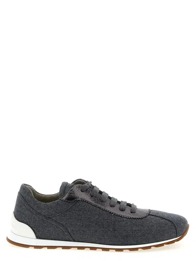 Brunello Cucinelli Women Low-top Wool Flannel Sneakers With Leather Profiles In Black