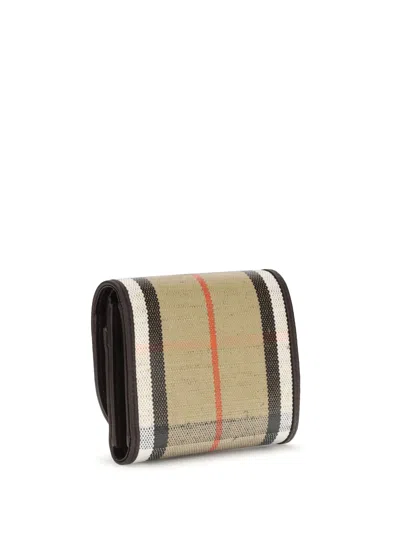 Burberry Compact Wallet With Leather Inserts In Check Pattern In Brown