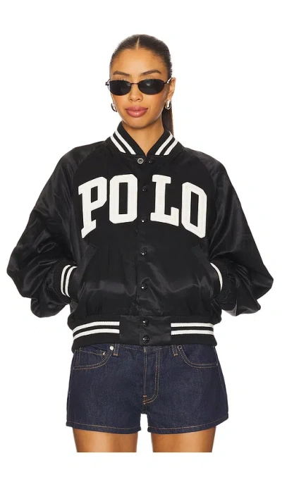 Polo Ralph Lauren Satin Bomber Jacket With Contrast Details In Black