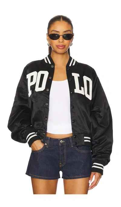 Polo Ralph Lauren Satin Bomber Jacket With Contrast Details In Black
