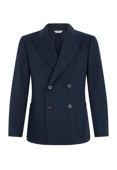 Boglioli Houndstooth Jersey Double-breasted Easy Jacket In Blue
