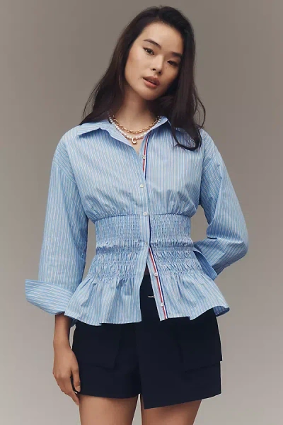 Maeve Long-sleeve Smocked-waist Blouse In Blue