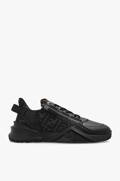 Fendi Men Leather Flow Sneakers With Ff Jacquard Fabric Inserts In Black