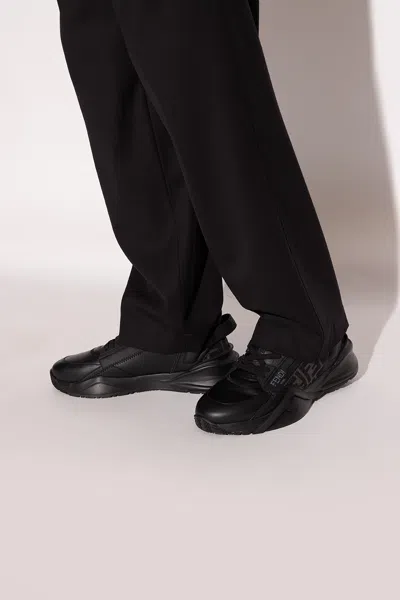 Fendi Men Leather Flow Sneakers With Ff Jacquard Fabric Inserts In Black