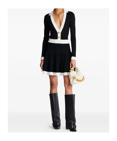 Balmain Long Sleeves V-neck Flare Knit Dress In Black