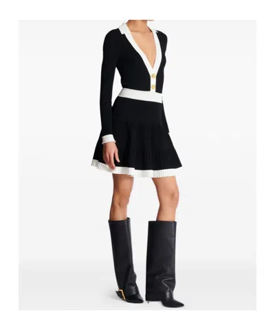 Balmain Long Sleeves V-neck Flare Knit Dress In Black