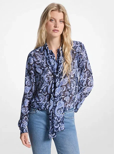 Michael Kors Paisley Print Georgette Tie-neck Blouse In Blue