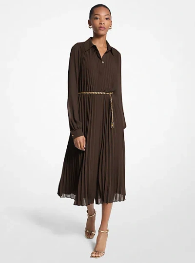 Michael Kors Pleated Georgette Shirtdress In Brown