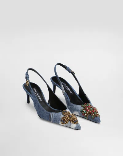 Dolce & Gabbana Denim Patchwork Slingback With Embroidery In Blue