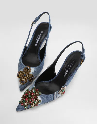 Dolce & Gabbana Denim Patchwork Slingback With Embroidery In Blue