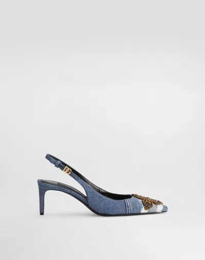 Dolce & Gabbana Denim Patchwork Slingback With Embroidery In Blue